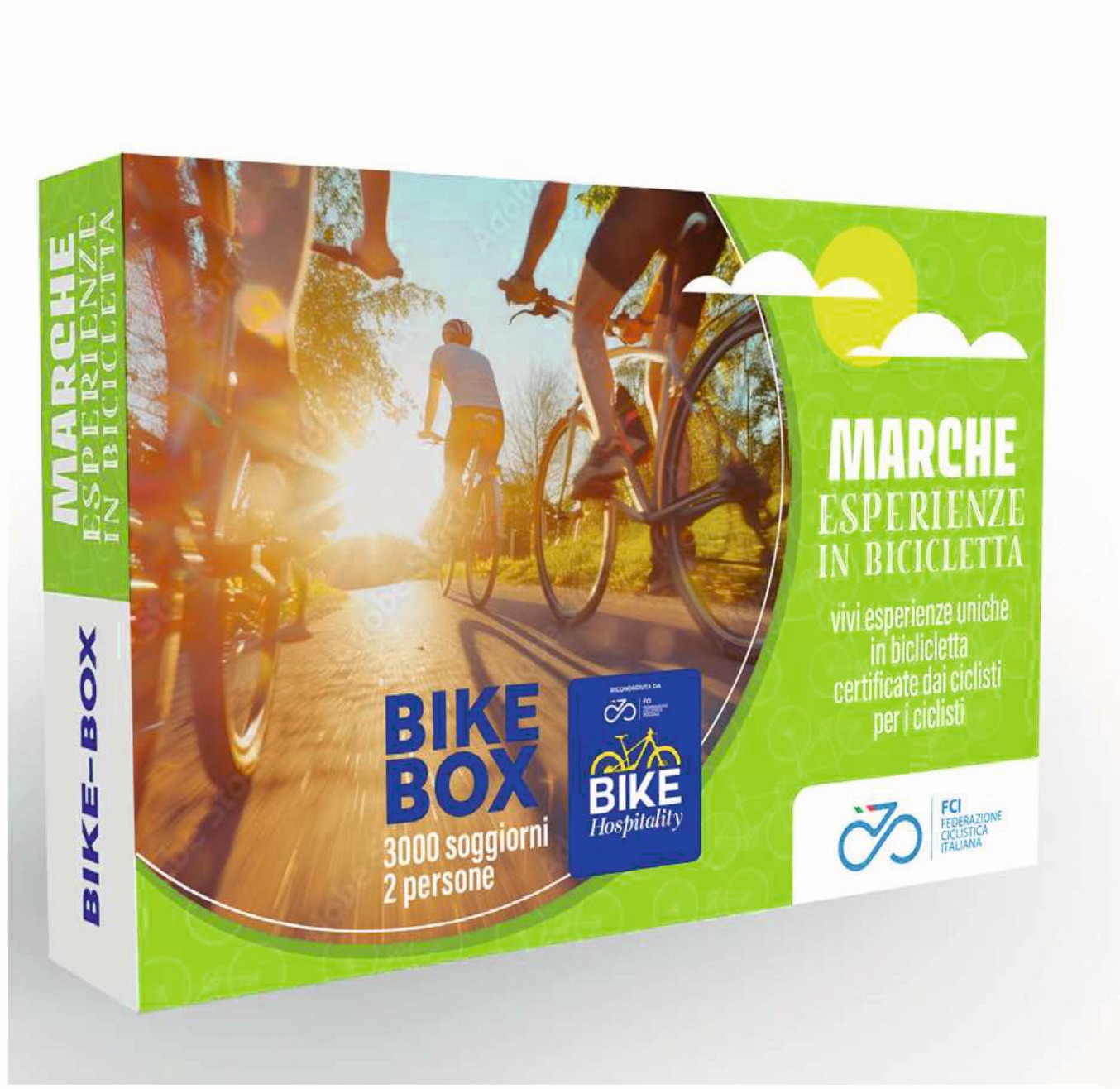 Confezione BikeBox Marche con ciclisti al tramonto